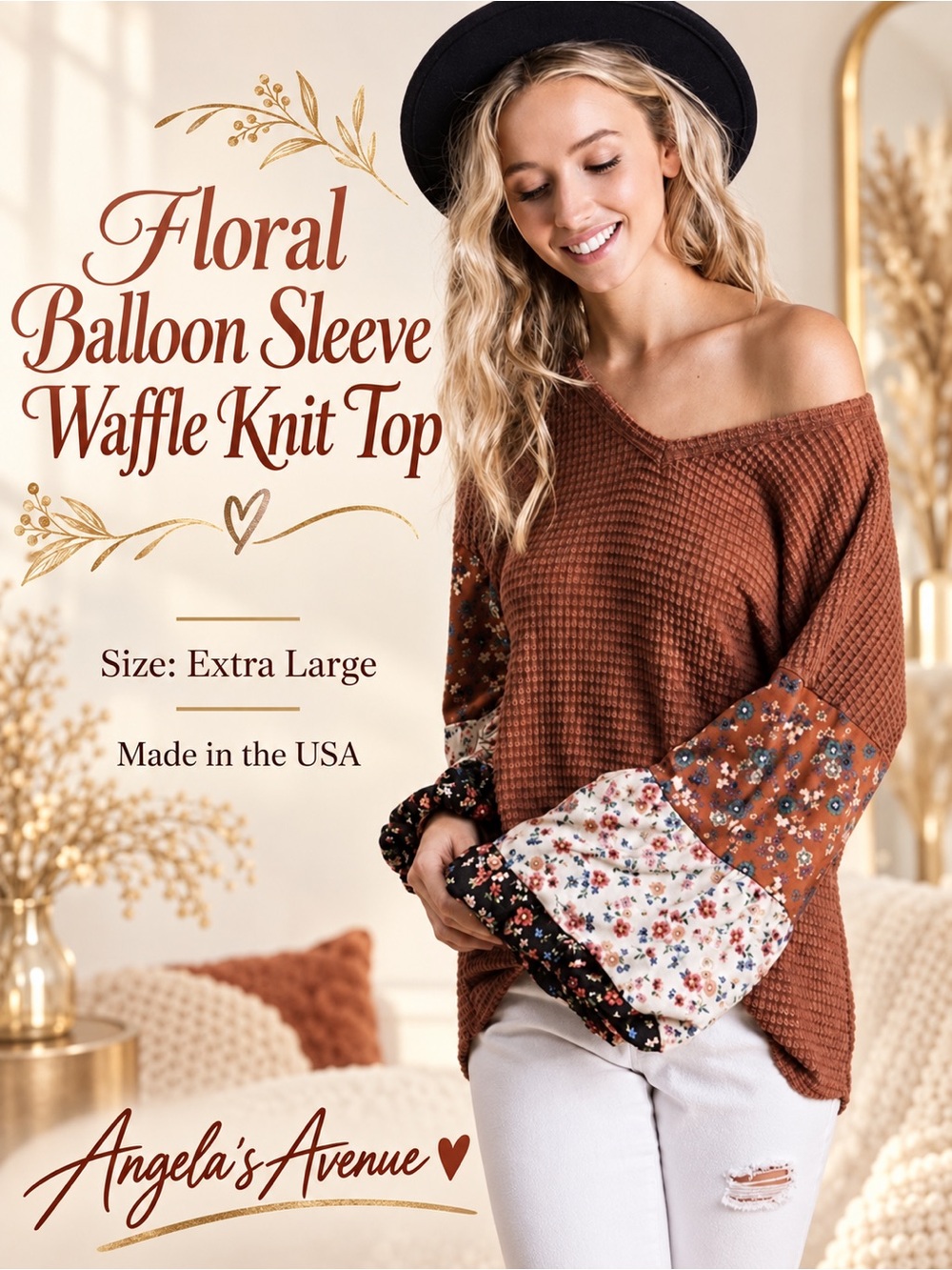 Floral Balloon Sleeve Waffle Knit Top NEW